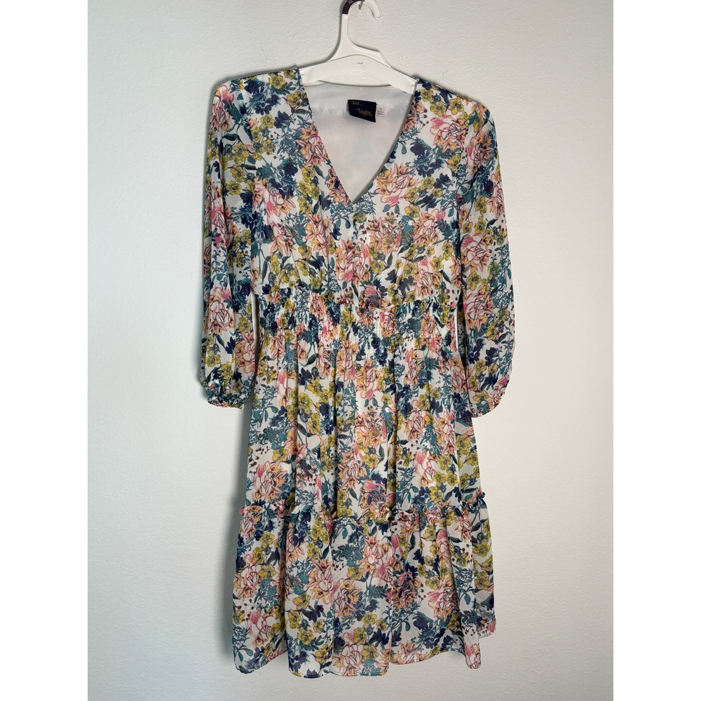 Just Taylor Floral Chiffon Mini Dress V-Neck Smocked Waist Tiered‎ Ruffle Size 6